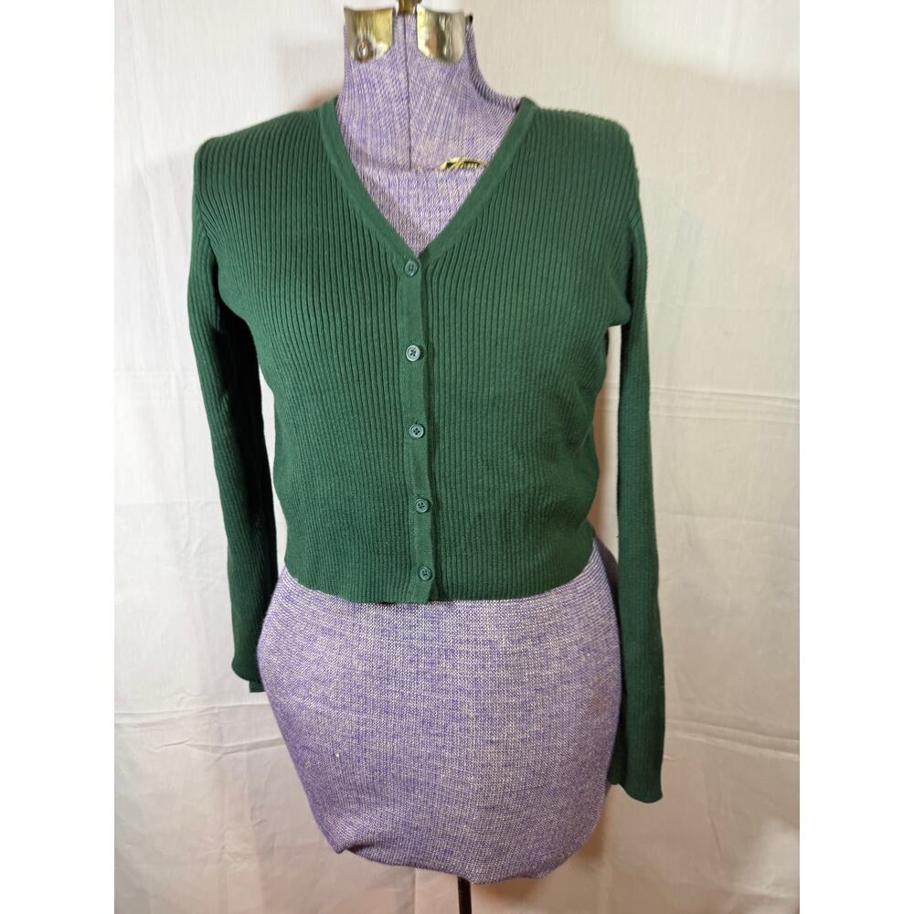BRANDY MELVILLE size S Long Sleeve Dark Green Crop Button Up V Neck Sweater